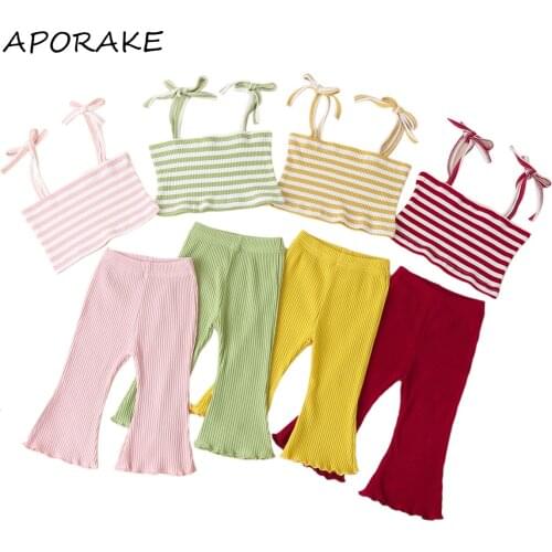 2021 0-24M Toddler Baby Girl Clothing Stripe Printing Square Collar Sleeveless Sling Top+ Elastic Flare Long Pants Set Cute 2pcs