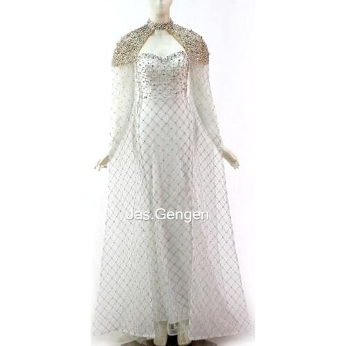 Amazing Hand Made Beading Two Pieces vestidos formales 2020 New Cape Wrap Mermaid Long White Color Formal Arabic Prom Gowns