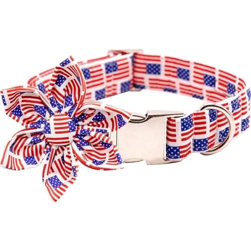 Unique Style Paws America Flag Dog Collar And Leash Set Bow Tie Flower Cotton Pet Collar for Large Medium Small Dogs Cats