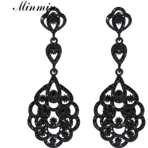 Minmin Vintage Gun Black Rhinestone Drop Earrings Jewelry Long Flower Shape Pendant Women Earrings Statement Party Jewelry EH188