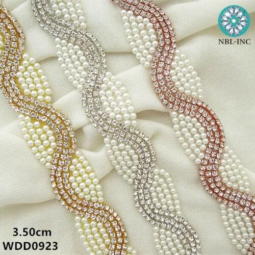 10 YARDS) Wholesale hand beaded sewing bridal rhinestone pearl applique trim iron on for wedding dress sash WDD0923
