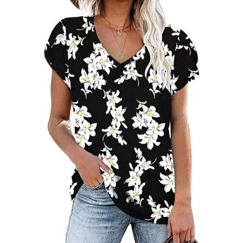 Petal Sleeve Women T-shirt Floral Print Streetwear V Neck Loose Casual Blouse for Party Women T-shirt