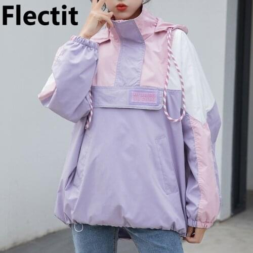 Flectit Women Pastel Bomber Jacket Color Block Front Pocket Hooded Windbreaker Jacket Japanese e-Girls Aesthetic Clothes