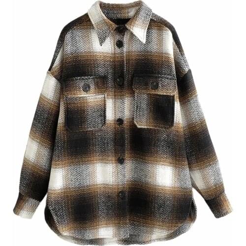 Vintage Chic Pockets Oversized Plaid Jackets Women Fashion Dark Brown Check Jackets Female Casual Streetwear