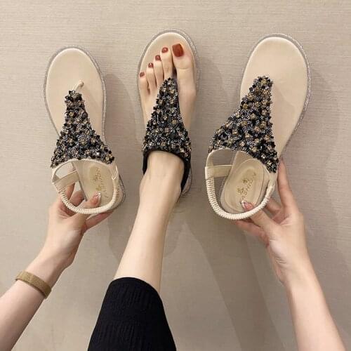 Women Summer Comfy Clip Toe Shoes 2021 Newest Rhinestone Sequin Outdoor Womens Slippers Non-slip Wear Resitant Female Sandals