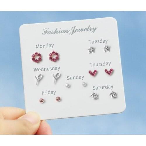 Cute Strawberry Stud Earrings for Women 7 pairs Sweet Tiny Heart Moon Star Rhinestone Female Earrings Jewerly Gifts Bijoux