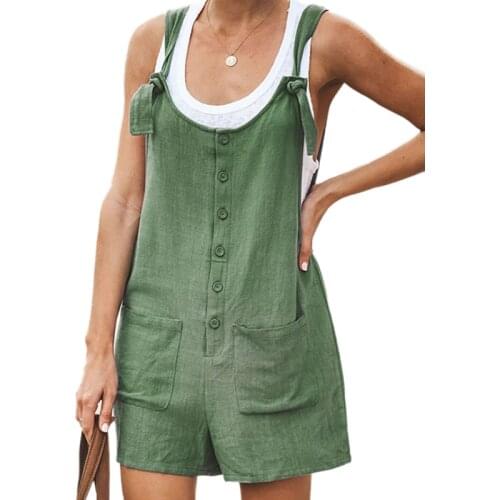 Y2K Womens Cotton Linen Button Sling Jumpsuit Street Loose Casual U-neck Sleeveless Jumpsuit Open Strap Pocket Cardigan Dress