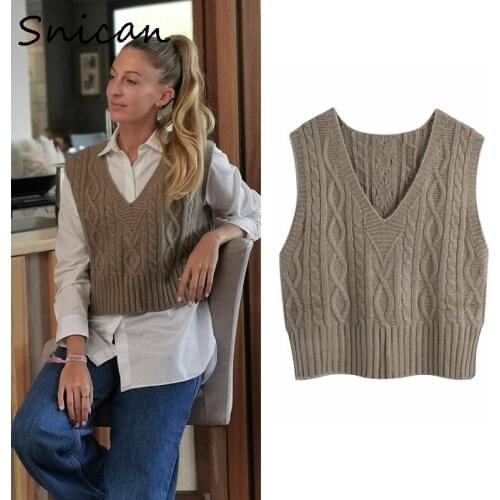 Snican solid fashion knitted sweater vest crop tops jumper mujer pull femme hiver za 2020 women fashion autumn winter pullover
