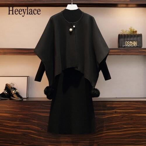Plus size women winter warm thick two piece set for women knitted top and long sleeve black dresses sets elegant vintage suits