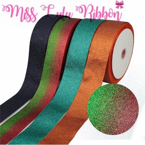 3"75mm Full Glitter Colorful Gradient Color Grosgrain Ribbon DIY Christmas Decoration Hair Bowknots Making 50yards/roll