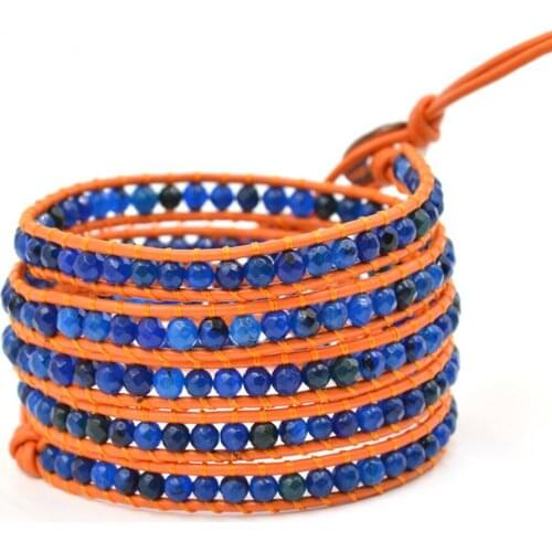 5Layers Faceted Blue Stone Wrap Bracelets for Women Men Simple Style Orange Leather Handmade Braided Bracelet Femmale Jewelry