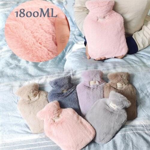 1.8L Hot Water Bottle Faux Rabbit Fur Soft To Keep Warm Winter Portable Reusable Protection Plush Covering Washable Leak-proof