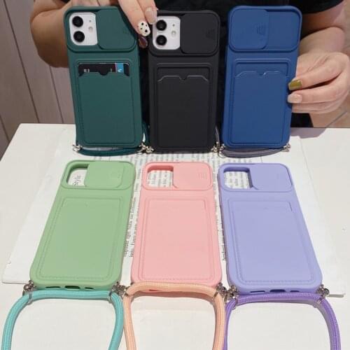 Slide Camera Lens Protection Card Slots Holder Case for iPhone 12 Mini 11 Pro Max Necklace Cord Chain Hanging Rope Strap Cover