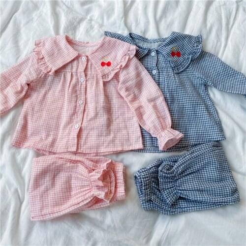 2 3 4 5 6 Years Kids Pajamas Sets Fashion Lapel Plaid Long Sleeve Top Pants 2pcs Girl Clothing Home Wear Toddler Girl Sleepwear