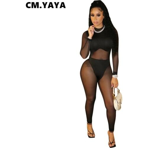 CM.YAYA Women Jumpsuit Mesh See-through Full Sleeve O-neck Back Zipper Skinny Pencil Jumpsuits Sexy Night Clubwear Autumn Outfit