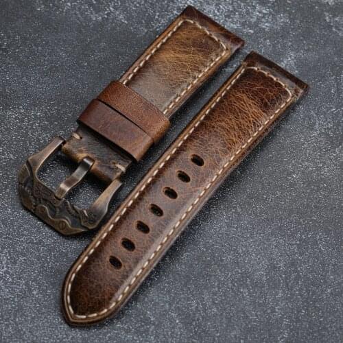 Hand-Made Leather Watchband, Compatible With PAM111 Leather Strap, Oil Wax Leather 22 24 26MM Bronze Buckle Strap