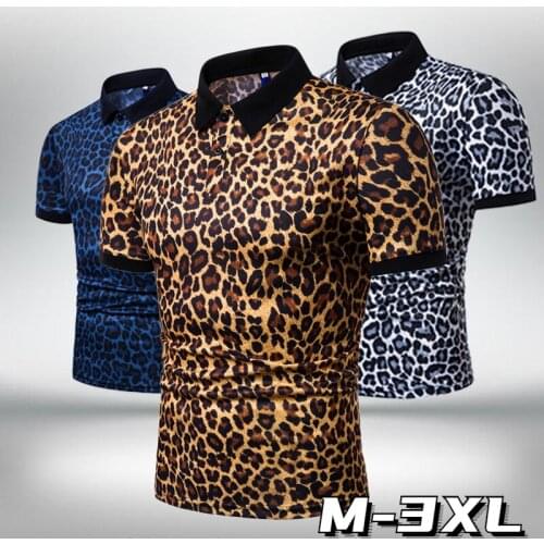 Summer Mens Polo Shirt Night Club Leopard Printed Turn Down Collar Short Sleeve Homme Tees Tops
