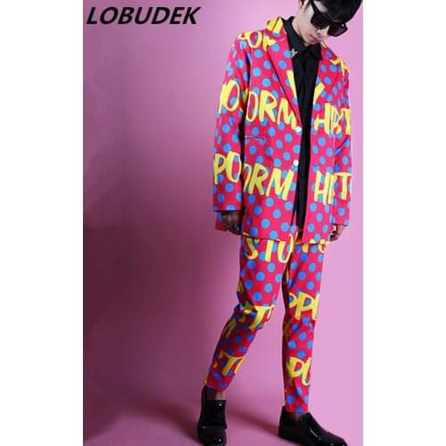 Male Fashion Pink Dot Letter Graffiti Suit Mens Singer Lead Dancer Stage Nightclub Hip Hop Style Loose Suits Concert Costume