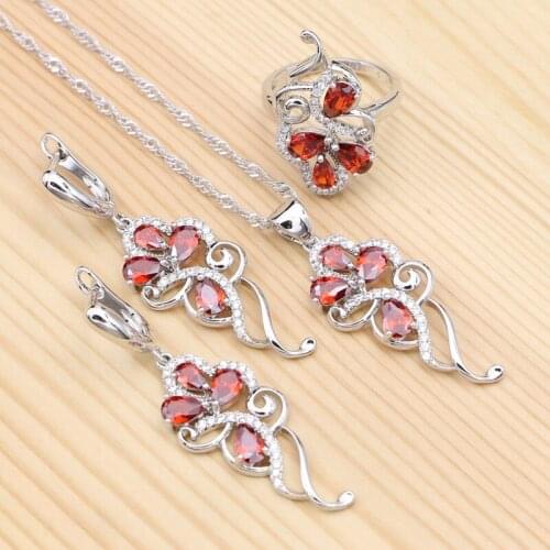 925 Sterling Silver Jewelry Sets For Women Red Cubic Zirconia White Crystal Pendant Necklace Ring Earrings Set