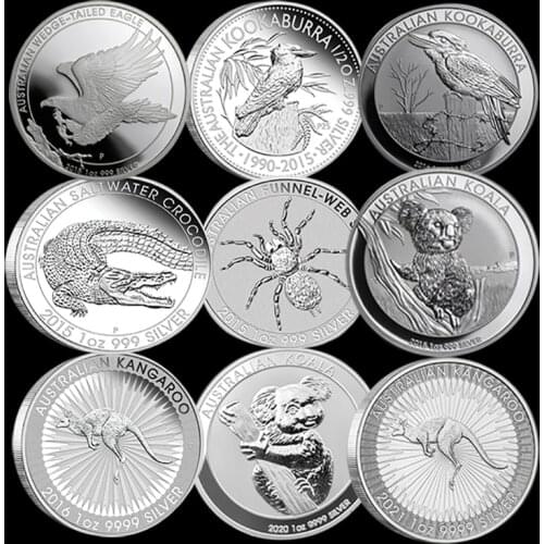 9PCs Non-Magnetic Australia 1 OZ .999 Silver Coins Crocodile + Kookaburra + Spider +Koala +Eagle Animal Elizabeth Replica Coins