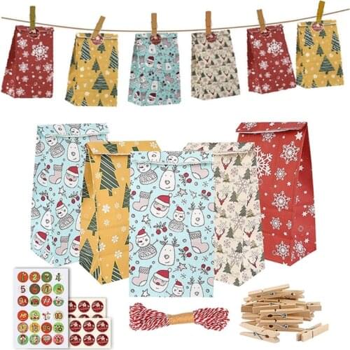 Christmas Advent Calendar Hanging Bags 24 Days Christmas Element Candy Bags with Number Stickers Handmade DIY Sacks Xmas