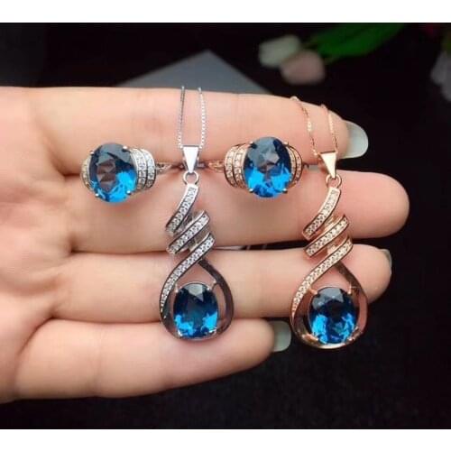 925 sterling silver inlaid with natural London Blue Topstone necklace ring pendant fashion style birthday gift