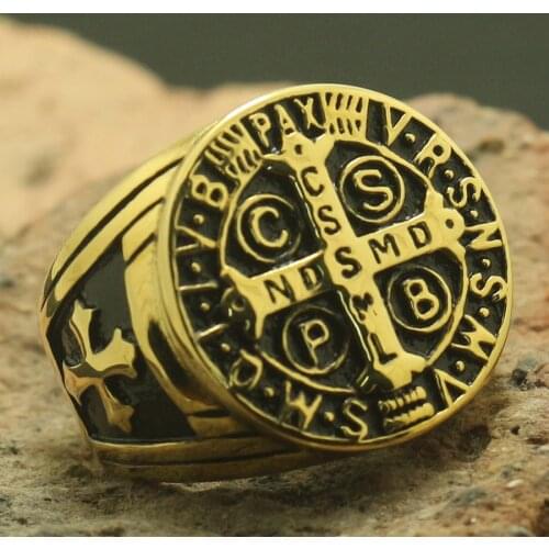 Saint Benedict of Nursia CSPB CSSML NDSMD Unisex 316L Stainless Steel Christianity Catholic Jesus Black Cross Ring