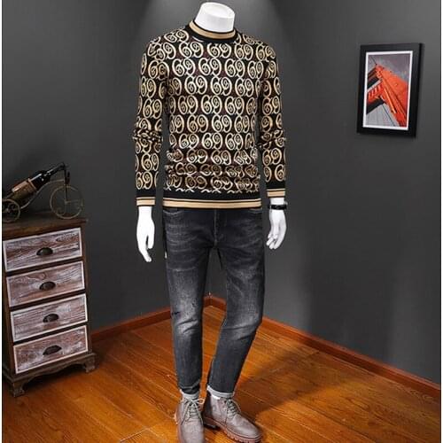 Winter Latest Fashion Mens O-neck Sweaters Print Strips Knitted Pullovers Men Casual Sweaters Male Autumn Slim Fit Knitwear