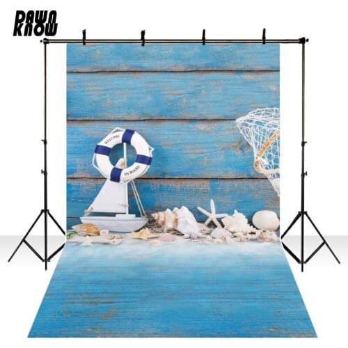 DAWNKNOW Vinyl Photo Backdrop Seashell Photography Background Blue Wood Floor For Children Baby Photo Studio Props F2654