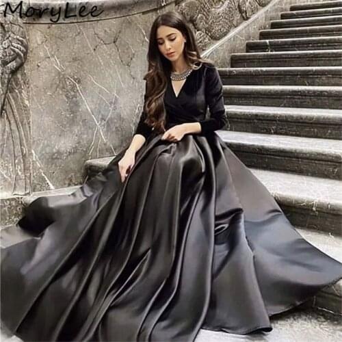 Prom Dresses Black V-Neck Long Sleeves A-Line High Quality Satin Pleated Prom Dresses Zipper Back vestidos de fiesta de noche