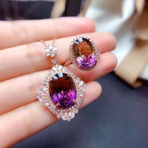 High-quality Ametrine S925 Luxurious Ring Pendant Necklace Set Fine Fashion Jewelry for Women Free Shipping MeibaPJ FS