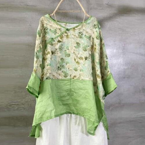 Johnature 2021 Summer New Retro Plate Buckle Patchwork Print O-neck All-match Shirt Loose Leisure Irregular 6 Color Women Tops