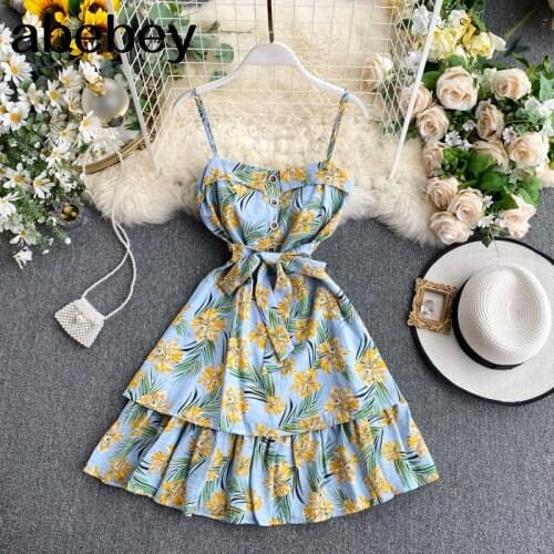 Holiday Wind Dress 2021 Fashion New Spring Women Leaf Printed Spaghetti Strap Ruffle Layer Bandage Slim Ladies Party Dresses