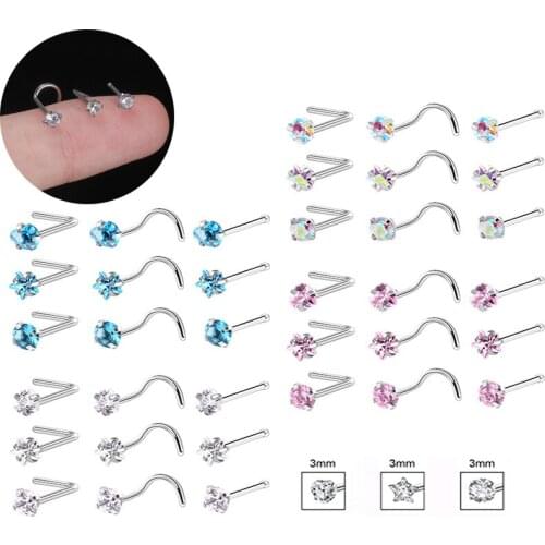 9pcs 4 COLOR Screw Nose Studs Set I L Shape Tragus Ring Ear Round Star Heart Cubic Zirconia Surgical Steel Nose Piercing 20G