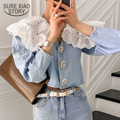 Blusa Women Shirts 2021 Spring Autumn Korean Fashion Tops Temperament Girl Age-Reducing Lace Doll Collar Demin Blouses New 13968