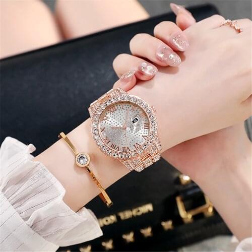 Women Watch Luxury Full Diamond Roma Dial Calendar Ladies Quartz Watches Rose Gold Wristwatches Zegarek Damski