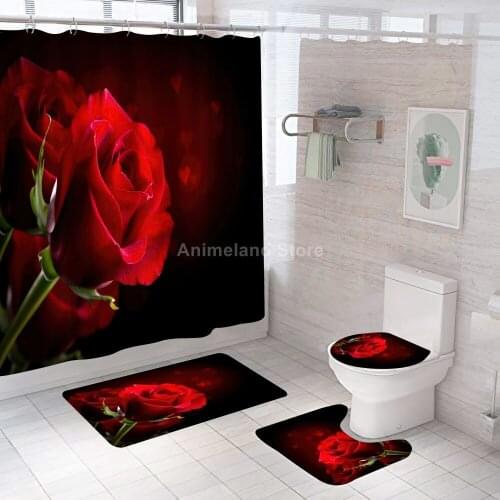 Flower Shower Curtains Romantic Red Rose Bathroom Curtain Bath Sets Toilet Cover Mat Non-Slip Washroom Rug Set Modern 180x180cm