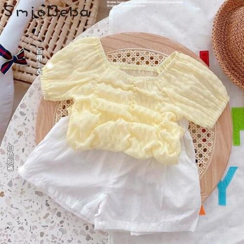 Children Sweet Girls 2PCS Sets Summer Korean Style Foreign Yellow Short Sleeve Bubble Sleeve Top + White Shorts Solid Pants Suit