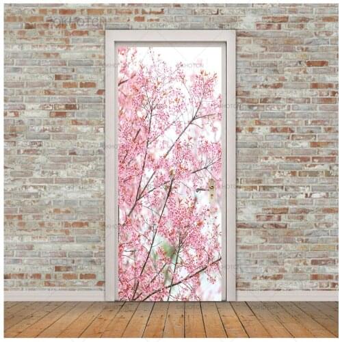DIY Modern Home Decoration Door Stickers Flower Decal Pink Peach Blossom Art Mural Stickers Romantic Wall Art 3D PVC Wallpaper