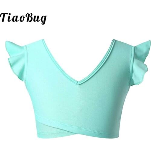 Kids V Neck Ruffle Sleeveless Stretchy Bra Crop Top Girls Ballet Jazz Dance Costume Children Fitness Gymnastics Tops Dance Wear