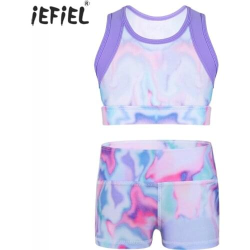 Summer Kids Clothes Set Colorful Print Sleeveless Tie-Dye Crop Top High Waist Shorts Bottoms Gymnastic Workout Girls Outfit Set
