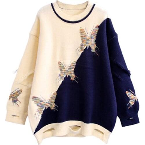 Patchwork Sweater Long Sleeve Star Print Pullover Chic Street Style Ripped Sweater Butterfly Flower 2021 Autumn Winter New