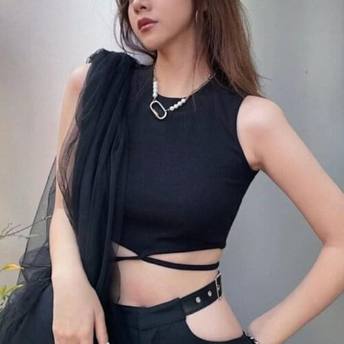 Fashionable Goddess Navel Bare Tie Vest Sleeveless Tight Tee Outer Wear, Inner Ribbed Bottom Top Womens Black and White