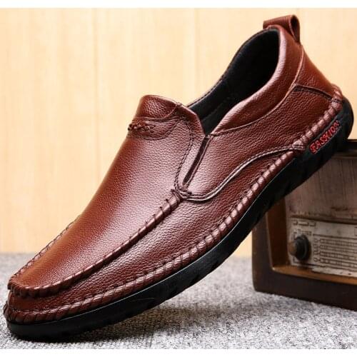 Mens leather sewing shoes Casual leather shoes Non-slip wear-resistant soft sole flats Breathable mens loafers shoes H602