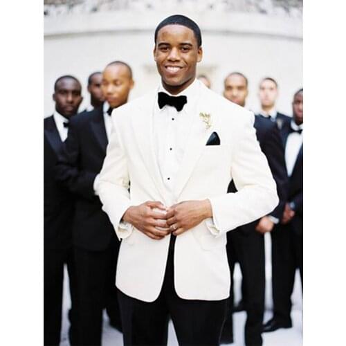 ANNIEBRITNEY White 2 Piece Slim Fit Men Suit With Black Pants Groom Wedding Tuxedo High End 2 Piece Prom Wedding Men Suit Set