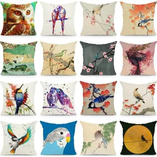 Beautiful Bird Painting Pattern Pillow Covers Linen Throw Pillow Case Home Sofa Square Decorative Cushion Cover 45X45cm BZT007