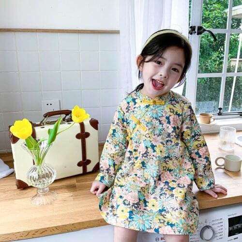 Autumn Girls Dress Chinese Style Floral Cheongsam for Toddler Girl Fashion Cotton Long Sleeve Little Girls Dresses1 2 3 5 6 Y
