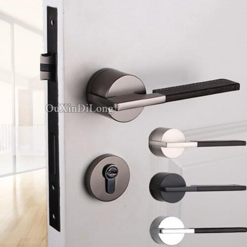 Luxury European Mute Mortise Door Lock Set Copper+Genuine Leather Interior Living Room Bedroom Silent Door Lock With Key/No Key