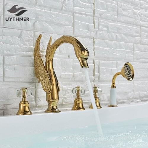 Luxury Gold Bathroom Sink Faucet Basin Mixer Tap Swan Style Vessel Faucet With Hand Shower Bath Faucet Basin Taps Water tap