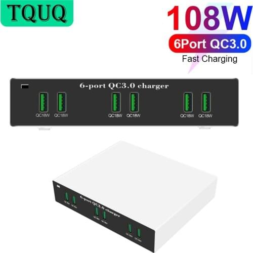 TQUQ Quick Charge 3.0 USB Wall Charger 6 Ports 108W Desktop QC 3.0 USB Hub Fast Charging Station For Phones,Tablets Smartphones